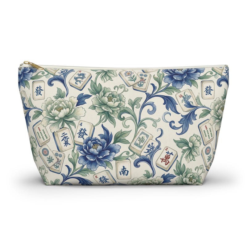 Mahjong Tile Bag, Mahjong Cosmetic Bag & Matching Tote, Mahjong Makeup Pouch, Mahjong Player Gift, Blue Toile Mahjong Accessories Travel Bag image 1