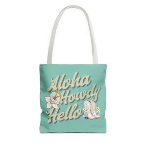 Aloha Howdy Hello Tote Bag - Retro Western Cowboy Boots and Tropical Flower Design - Cute Coastal Cowgirl Aesthetic Beach Bag