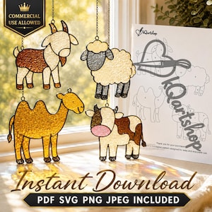 May include: Four stained glass animal ornaments: a goat, a sheep, a camel, and a cow. The ornaments are hanging from chains. The goat is brown and white, the sheep is gray and cream, the camel is gold, and the cow is brown and white. The words "Instant Download" are at the bottom.