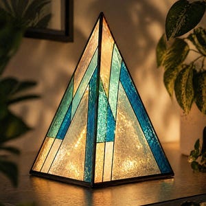 May include: A pyramid-shaped stained glass lamp featuring a geometric pattern of textured white, light blue, and dark blue glass panels held together by dark metal framing. The interior is illuminated, casting a warm glow through the glass.