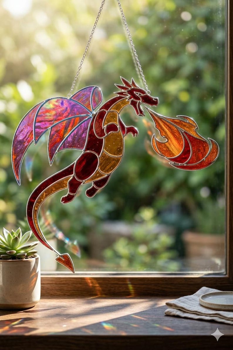 Fire Dragon Stained Glass Pattern SVG, Fantasy Sun Catcher Digital ...