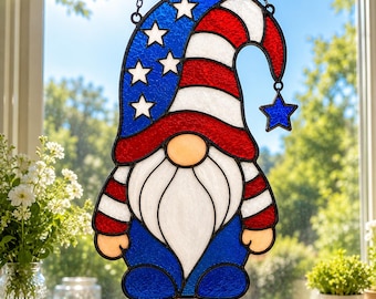 Padrão de vitral com gnomo patriótico, enfeite de janela com gnomo e bandeira americana, modelo para decoração de janela dos EUA