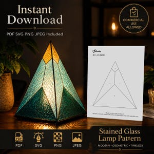 May include: A stained glass lamp in a pyramid shape, with teal, green, and gold panels. The image includes a pattern for the lamp and icons for PDF, SVG, PNG, and JPEG formats. Text reads "Instant Download" and "Commercial Use Allowed."