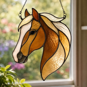 May include: A stained glass suncatcher shaped like a horse head, featuring shades of amber, tan, and cream glass pieces held together by dark metal solder lines. The horse has a flowing mane and is suspended by a thin metal chain for hanging.
