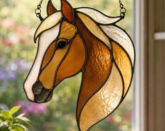 May include: A stained glass suncatcher shaped like a horse head, featuring shades of amber, tan, and cream glass pieces held together by dark metal solder lines. The horse has a flowing mane and is suspended by a thin metal chain for hanging.