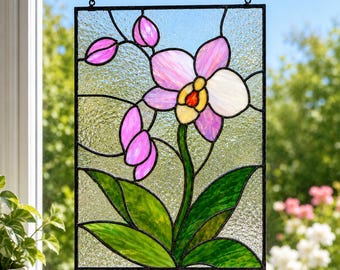 Pink Orchid Flower Stained Glass Pattern, Orchid Panel Suncatcher SVG, Floral Botanical Window Hanger Digital PDF Pattern, Plant Lover Gift