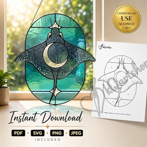 May include: Stained glass art piece featuring a manta ray design with a crescent moon. The artwork is in shades of teal and gold, with a chain for hanging. Includes a pattern for easy following. The words "Instant Download" are displayed.