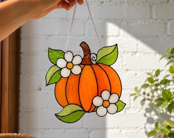 Pumpkin Flower Suncatcher Stained Glass Pattern, Beginner DIY Glass Art (PDF, SVG)