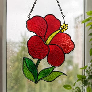 Diseño de vidriera de hibisco, atrapasoles floral, descarga digital, arte en vidrio fácil de hacer, patrón para principiantes (PDF)