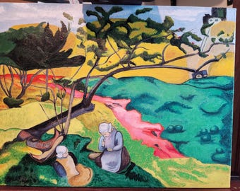 Oil landscape artwork. Women in the river. 12x16". Original artwork 100% hand painted.