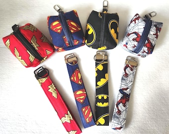 Superhero fabric set: earphone pouch and keychain. Cartoon, Comic