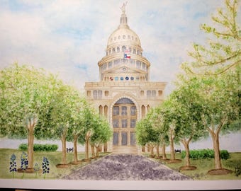 Capitol, Austin. TX. Custom watercolor artwork. Hand Painted.