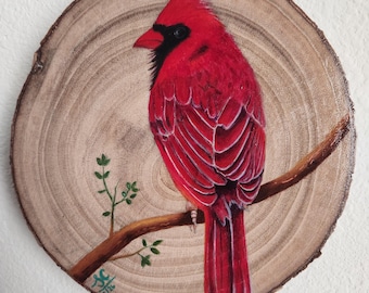 Hand-painted Red Cardinal on a wood slice