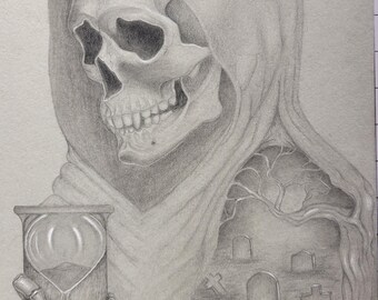 Original Graphite Drawing, Grim Reaper, Mourning Emotions, 11x14 Paper Art.