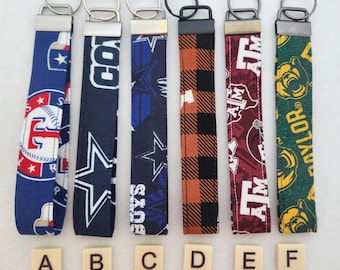 Handmade Cotton Wristlet Keychain: NFL Teams, Texas Rangers, Cowboys, Longhorns, Aggies, Bears.