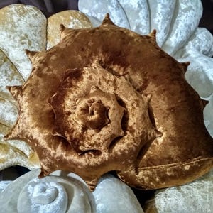 Puede incluir: Un cojín de terciopelo suave con forma de concha marina en espiral. El cojín central es de un color marrón intenso y profundo con un diseño puntiagudo y en espiral. Está rodeado por otros cojines similares con forma de concha en tonos crema y oro.