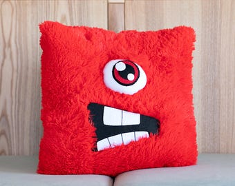 Red Angry Face Pillow | Fuzzy Grumpy Decorative Cushion | Handmade Faux Fur Throw Pillow | Mood Decor Aesthetic Accent | Unique Gift for Him