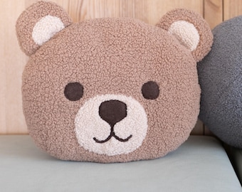 Almohada de osito adorable, cojín de osito de peluche, decoración para guardería, almohada de felpa hecha a mano, almohada suave de bouclé, decoración para habitación infantil, idea de regalo
