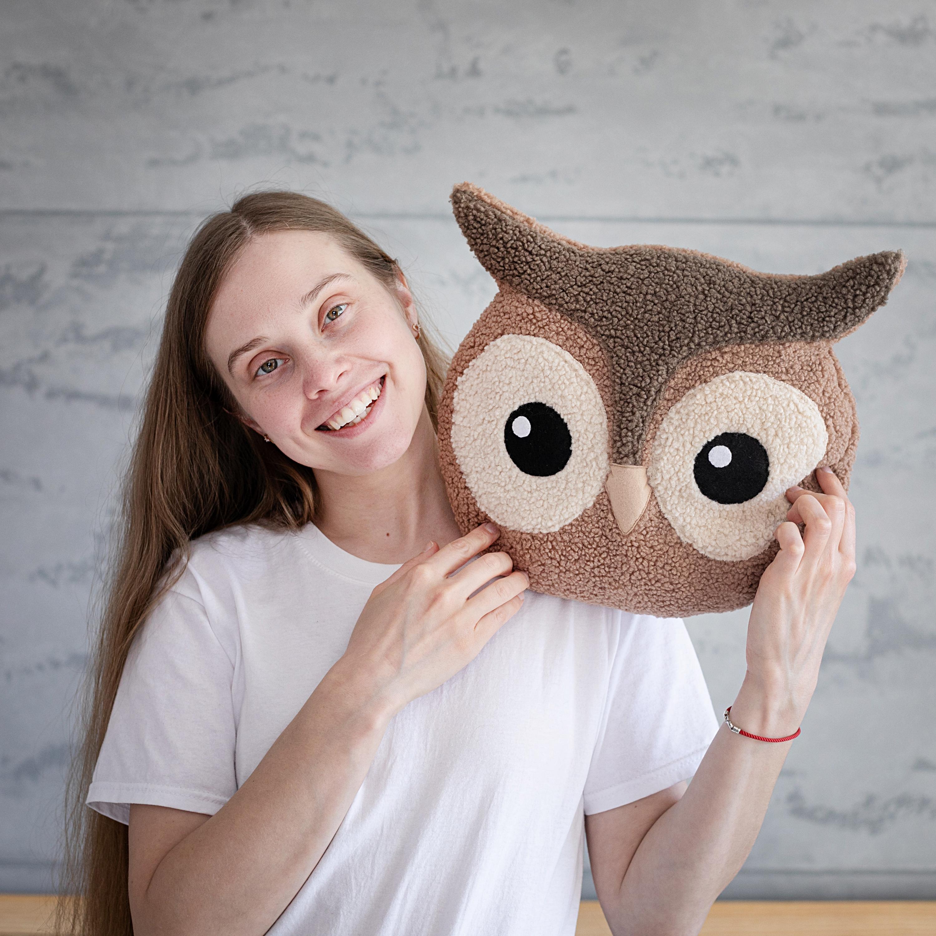Cute Owl Pillow, Kawaii Bird Cushion, Forest Nursery Decor, Handmade Plush Animal, Soft Boucle Home
