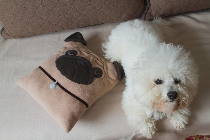 Puede incluir: Un coj&iacute;n beige con forma de pug con detalles negros y marrones descansa junto a un perro blanco y esponjoso. El coj&iacute;n tiene un collar marr&oacute;n oscuro y una peque&ntilde;a etiqueta azul claro. El perro tiene un hocico corto y ojos oscuros.