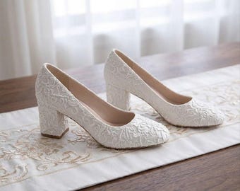 White Lace Block Heel Pumps Mary Jane Bridal Wedding Shoes Women Vintage Chunky Floral Bridal Heels Comfortable Evening Prom Shoes