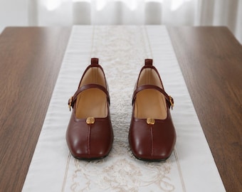 Vintage Burgundy Leather Mary Jane Shoes, Square Toe Chunky Low Heel Pumps, Elegant Retro Women Footwear, Classic Daily Office Shoes