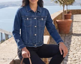 Personalized denim jacket frayed hem button up trucker coat washed distress jean jacket customized womens clothing college graduation gift