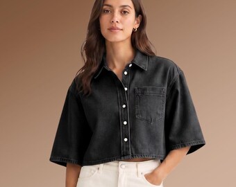 Relaxed cropped denim shirt half sleeve button down blue jean crop shirt lightweight wide fit denim top casual spring outfit thank you gifts