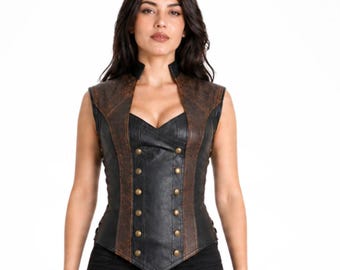 Halloween Costume for womens, black & brown leather corset vest, cosplay, steampunk gothic waistcoat,  medieval armor wear, gifts for her