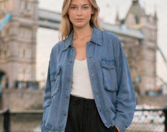Denim jacket womens clothing long sleeves snap button vintage inspired lightweight cotton retro casual spring outfit birthday gifts for her
