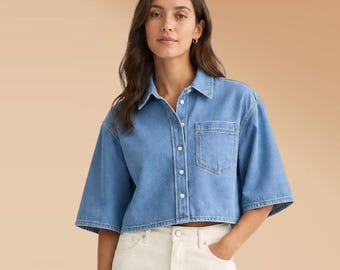 Relaxed denim shirt cropped half sleeve button down blue jean crop shirt lightweight wide fit denim top casual spring outfit thank you gifts