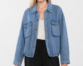 Oversized denim jacket, womens relaxed fit utility jean coat, pocket detail casual outerwear, everyday streetwear jacket, gifts for her