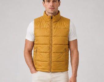 Mustard Quilted Puffer Vest, Unisex Insulated Casual Streetwear