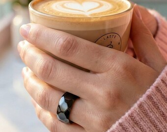 Womens engagement ring Black faceted glossy finish ring gift for her personalized date engraved jewelry wooden keepsake box galentine gift