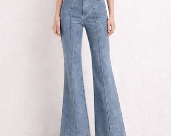 Blue denim wide leg jeans high waist flare pants everyday retro vintage cotton streetwear womens clothing custom birthday gift for wife