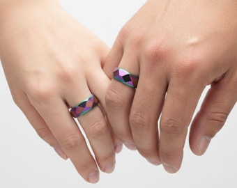 Rainbow hand faceted couple rings matching promise rings for couples colorful geometric rings gift for him and her