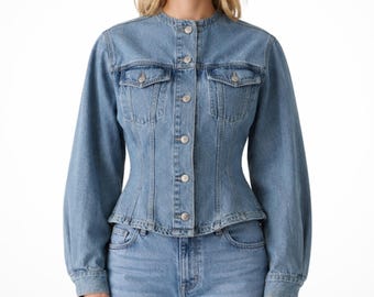 Denim fitted jacket, collarless button front jean coat, puff sleeve tailored trucker jacket, casual outerwear, engagement gifts for her