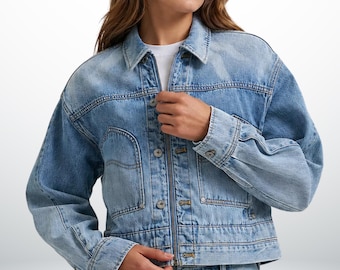 Boxy denim jacket, womens button front jean coat, oversized sleeve casual trucker jacket, everyday outerwear, Christmas gifts