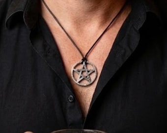 Pentagram pendant necklace for men unisex gothic star charm black and silver statement jewellery occult necklace leather cord gift