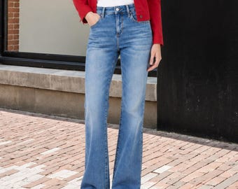 Bootcut denim pants, Women’s high waisted flare jeans, full length bell bottom trousers, casual everyday jeans, retro gift for her, mom gift