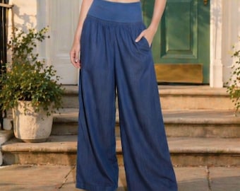 Wide leg pants blue denim everyday retro streetwear vintage jeans organic cotton casual summer clothing festival outfit gift for her