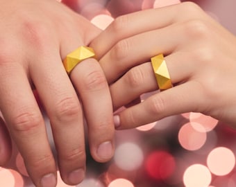 Tri facet couple rings matching promise rings for couples modern engagement rings gold geometric bands gift for him and her