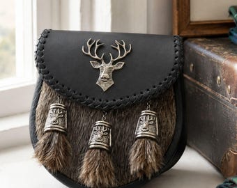Stag head real fur kilt sporran Scottish dress traditional semi dress sporran with tassels Scottish kilt bag with chain strap Scottish gifts