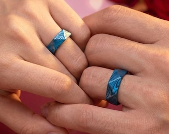 Blue tri facet textured couple rings valentine gift promise rings for couples engraved rings with wooden keepsake box Valentine day gifts