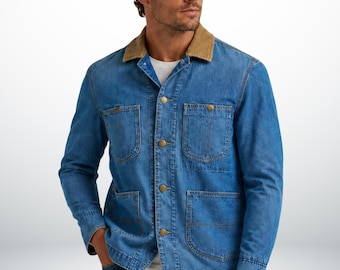Chore denim jacket, mens four pocket button front jean, casual workwear overshirt, utility streetwear, luxury corporate gifts for him