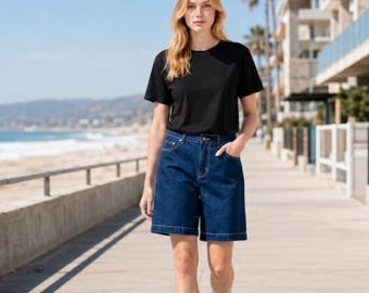 Bermuda denim shorts womens wide legs vintage inspired jeans everyday casual summer shorts with Pockets outfit personalized gift for her