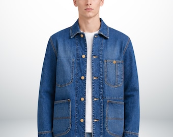 Denim chore jacket, Mens four pocket workwear jean jacket, relaxed button front overshirt, casual utility jacket, anniversary gifts