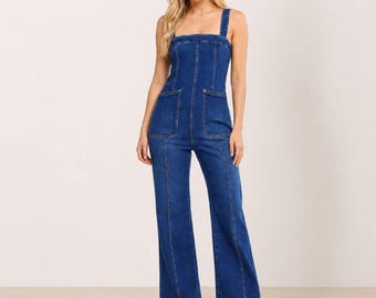 Womens denim jumpsuit sleeveless zip back high waist flared leg jeans romper dress casual chic summer outfit birthday gifts for girlfriend