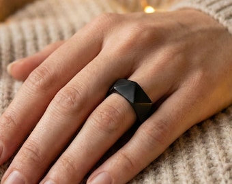 Engagement ring for women black tri facet band engraved rings statement rings personalized jewelry gift wooden box valentines day gift