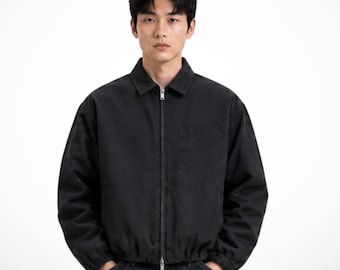 Denim bomber jacket mens  zip front jean jacket casual outerwear with ribbed hem and cuffs everyday streetwear new dad gift